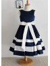 Navy Blue Ivory Satin Stripes Knee Length Flower Girl Dress
